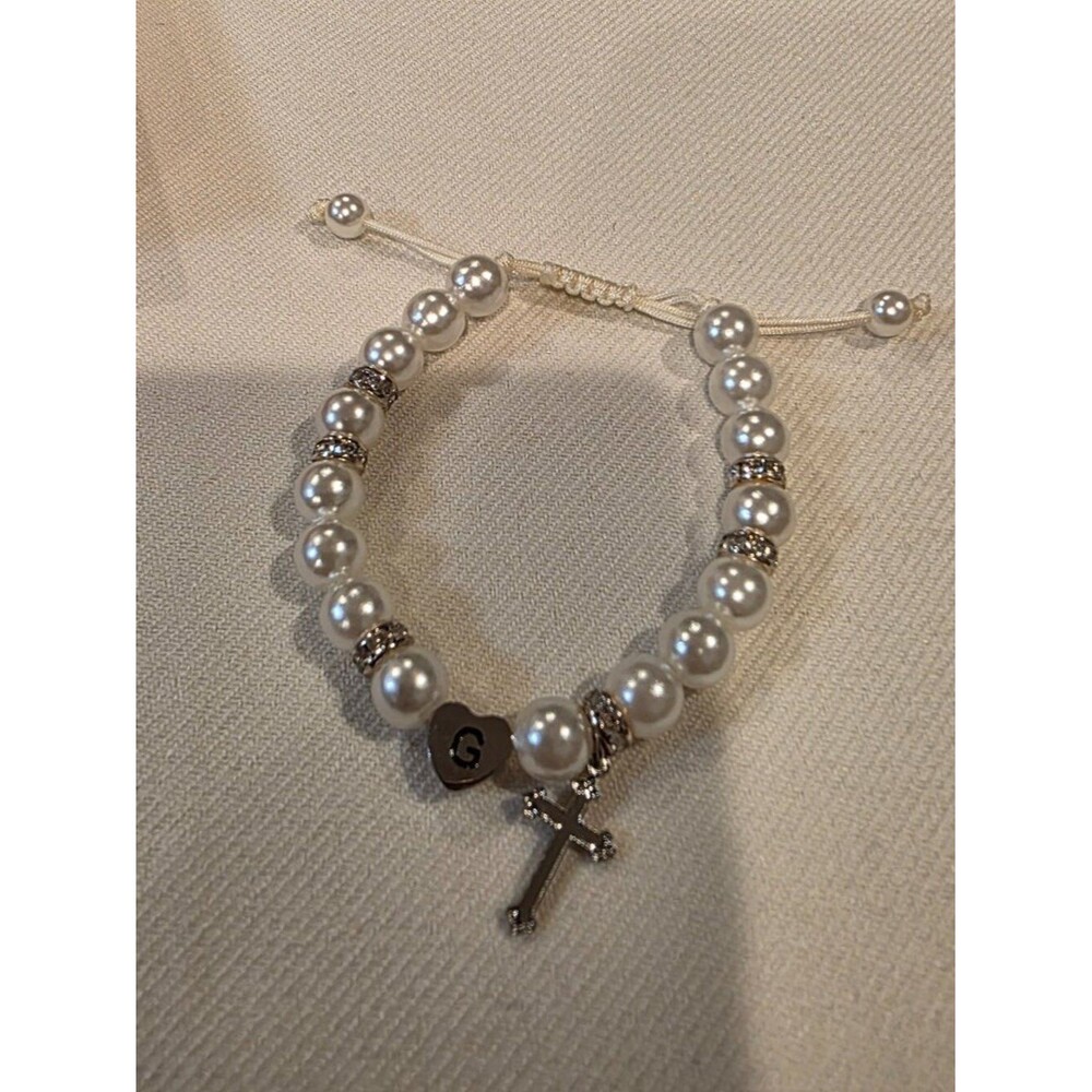 Baby "G" Initial Faux Pearl Cross Bracelet | Baptism & Christening Keepsake